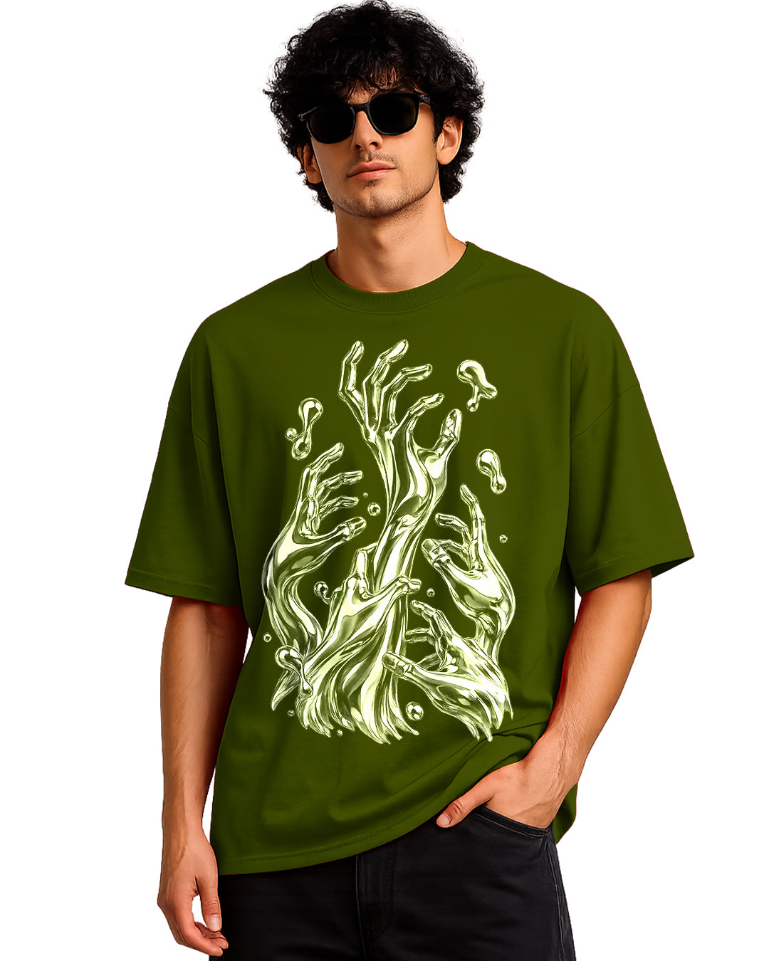 Liquid Hands Graphic Oversized T-Shirt | Olive Green