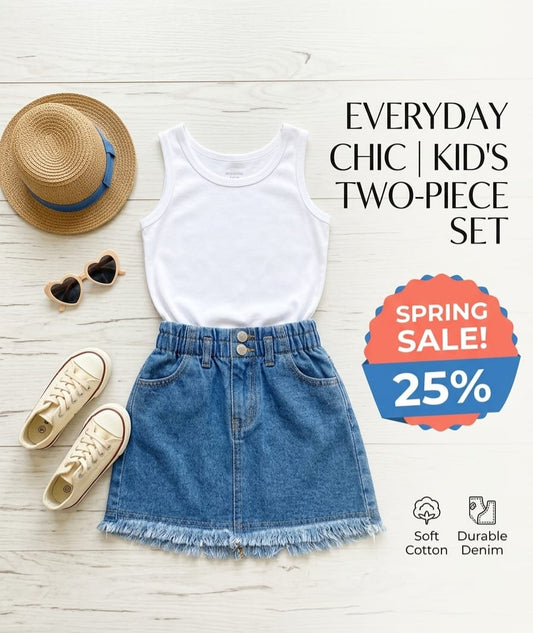Girls Everyday Chic 2-Piece Set (White Top + Denim Skirt)