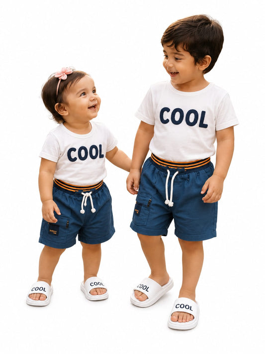 Kids "COOL" White Round Neck T-Shirt & Blue Shorts Set with White COOL Slides | Baby Boy & Baby Girl Casual Outfit